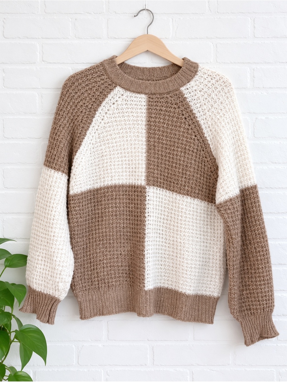 Mango MNG Cozy Colorblock Chunky Knit Sweater - Cream and Brown